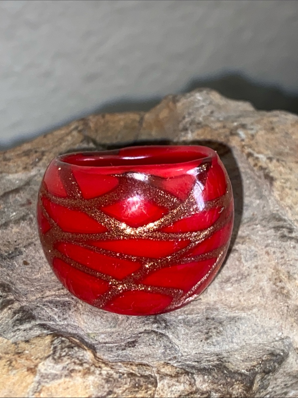 Vintage Murano Glass Red & Gold Swirl Domed Ring